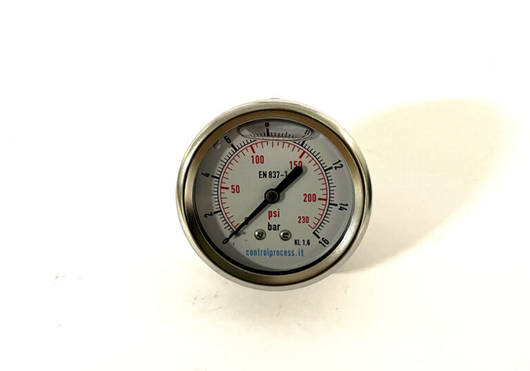Manometro con corpo inox utilizzato per la misurazione della pressione.